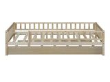 Twin Size Wood Daybed with Trundle and Fence Guardrails, Natural WF301862AAN