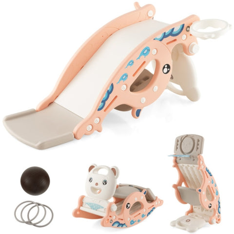 ZUN 4-in-1 Kids Portable Slide Rocking Horse Toy with Basketball Hoop and Ring Toss 23876346