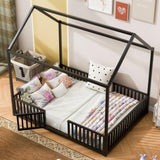 Full Size Metal House Bed with Fence and Door, Black MF315933AAB