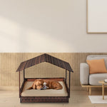 ZUN Wicker Dog House, Elevated Rattan Dog Bed with Canopy and Washable Cushion Cover, Indoor Outdoor 45848944