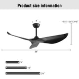 New Arrival 38-Inch Black Ceiling Fan Without Light,3 ABS Blades&Powerful DC Motor,1/4/8H Timer W934P339025