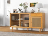 Natural Bamboo Sideboard Cabinet with Rattan Door, Sliding Door & Pull-Out Drawer, 5-Leg Rubber Wood 48150177