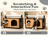 Wooden Cat Cave House Dual-Use Sisal Scratching Post Handle, Engineered Wood Indoor Cat Condo 10623708