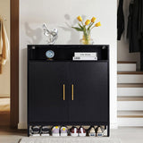 Double Door 6-Layer Shoe Cabinet with High Foot LED Lights Particle Board 80*38*90cm Black 83568642