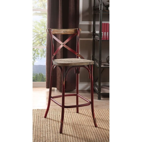 ZUN Antique Red and Antique Oak Bar Stool with Cross Back B062P191072