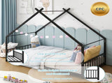 Black House Shaped Twin Size Kids Metal Bed with Side Rails, Platform Bed No Box Spring Needed, Safe 35174809