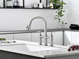 3 Hole Brushed Nickel Bridge Kitchen Faucet with Down Sprayer,2 Handle Faucet for Kitchen Sinks W1932P186913