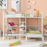 ZUN Full Over Twin Metal Bunk Bed with Built-in Desk, Shelves and Ladder, White 89901495