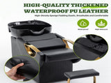 Large Shampoo Bowl & Chair Set with Footstool Black & Gold Barber Backwash Chair, Heavy Duty W1422P453659