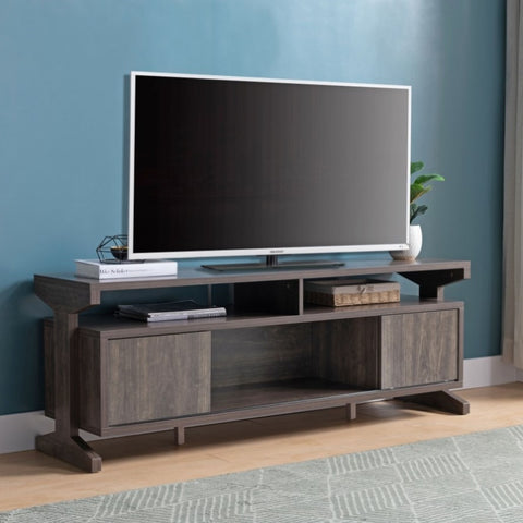 ZUN TV Center Console with Sliding Doors, Storage and Display Shelves, 60 Inch TV Stand - Brown Walnut B107130962