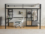 Twin Size Metal Loft Bed with Desk and Storage Shelves, Full-length Guardrails, Loft Bed Frame for 52452716