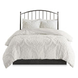 3 Piece Tufted Cotton Chenille Damask Comforter Set Off-White King/Cal King B03597088