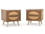 Set of 2 Bohemian 2-Drawer Bedside Table, 54.6140.6455.88 cm Natural Pine Wood Legs Nightstand, 88 48753669