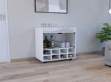 32" H white bar- coffee cart, Kitchen or living room cabinet storage with 4 wheels, with 8 bottle B097133141