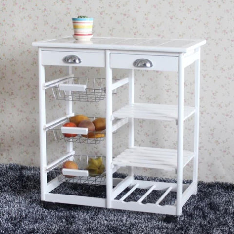 ZUN Kitchen & Dining Room Cart 2-Drawer 3-Basket 3-Shelf Storage Rack with Rolling Wheels White 85659263