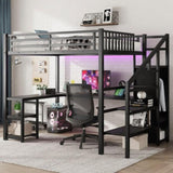 Metal Full Loft Bed with Wardrobe and LED Light, Full Size Loft Bed with L Shaped Desk and USB for 32514855