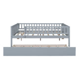 Full Size Wood Daybed with Trundle and Fence Guardrails, Gray WF301863AAE