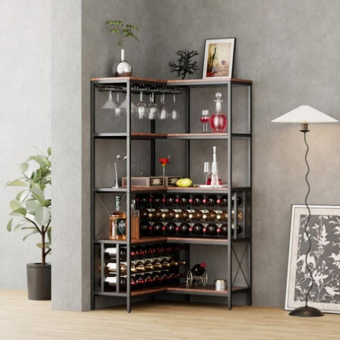 ZUN Corner Wine Rack Bar Cabinet Industrial Floor Bar Cabinets for Liquor and Glasses Storage for Home 15455215