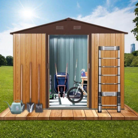 ZUN 8ft x 6ft Outdoor Metal Storage Shed with Floor Base,Coffee W540P175672