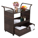 ZUN Outdoor Patio Wicker Rattan Serving Bar Cart Sideboard On Wheels Brown Gradient 72384423