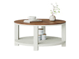 31.5" Round Coffee Table with Storage Shelf, 2-Tier Farmhouse Coffee Table with Rustic Wood Grain W1820P537105