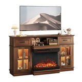 58-inch Deep Walnut Electric Fireplace TV Stand - 2 Lattice Glass Doors, 2 Drawers & Adjustable 11885460