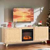 70" Oak Finish Low-Profile Fireplace TV Stand with 2 Doors & Rattan Front for 18" Insert 27336735