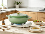 Cast iron 7.5QT cooking pot - Gradient green color - Includes two silicone gloves - Enamel pot 13858478