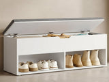 White Shoe Storage Bench with Gray Padded Seat and Hidden Compartment 25858468