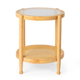 19.7in Rattan Coffee with Glass Top, Small Round End, Boho Style Side Sofa End 07678720