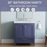 30" Bathroom Vanity with Sink, Fully Assembled Bathroom Sink Cabinet with Marble Countertop, Navy W1573P237849