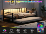 Twin Daybed with RGB LED Lights & Charging Station, Height Adjustable Day Bed Frame with Trundle, W2129P417631