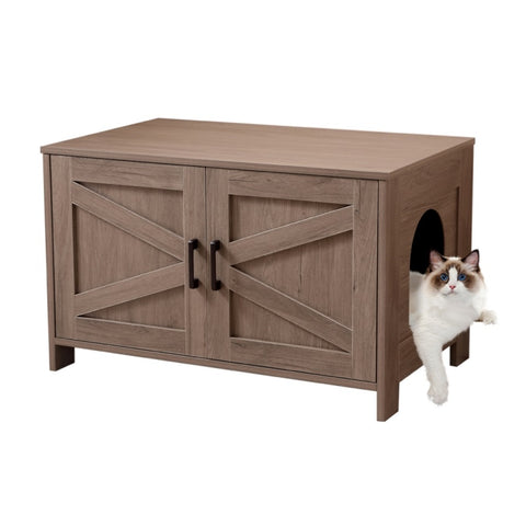 ZUN Cat Litter Box Enclosure, Litter Box Furniture Hidden with Barn Door, Wooden Washroom Furniture, W3008P235407