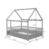 Full Size Floor Wooden Bed with House Roof Frame, Fence Guardrails,Grey W1858123988