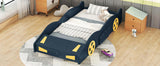 Twin Size Race Car-Shaped Platform Bed with Wheels and Storage, Dark BlueYellow WF305759AAC
