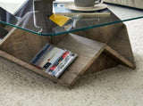 Tempered Glass & MDF Table with Carved Knife Wood Grain, Multi-Storage Open Compartments W3875P387030
