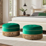 Yolanda 24" Round Upholstered Accent Ottoman, Ultramarine Green Velvet with Gold Trim B2719P364403