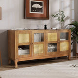 Retro 4-Door Sideboard with Large Storage Space Artificial Rattan Doors and Transparent Glass, W2696P256248