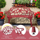 ZUN Outdoor Cast Aluminum Patio Bench, Porch Bench Chair with Curved Legs Rose Pattern, Red 57565215