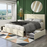ZUN Same as B083P156196 Anna Patented 2-Drawer Storage Bed Queen Ivory Velvet Upholstered Wingback B191P191592
