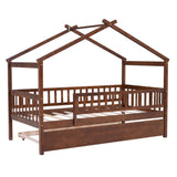 Twin Size Wooden House Bed with Twin Size Trundle, Walnut WF302178AAL