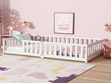 Twin Size Floor Bed with Fence without Door, Rubber Wood Floor Bed with Safety Guardrails,White W504P429335