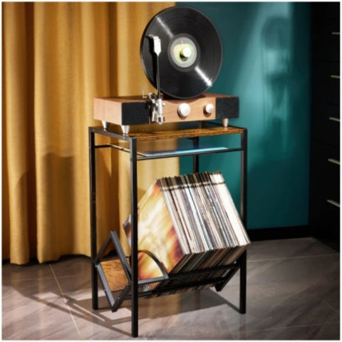 ZUN Record player holder with vinyl storage, vinyl organizer for 100 LPs, metal record player holder for 60267793