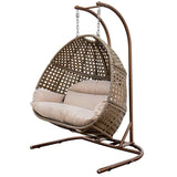 Brown Wicker Hanging Double-Seat Swing Chair with Stand w/Beige Cushion 9716KD3-BB