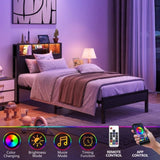 Twin Size Bed Frame with Storage Headboard, Metal Platform Bed with Charging Station, Bookcase W840P201065