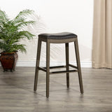 30" Bar Height Saddle Stool, Weathered Gray Finish, Black Leather Seat B046109807