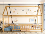 Full Size Floor Wooden Bed with House Roof Frame, Fence Guardrails,Natural W1858P389982