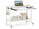 White Mobile Computer Desk with Keyboard Tray & Storage Shelf, 360&deg Lockable Casters for Home 97064400