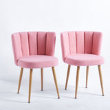 Modern pink dining chair with iron tube wood color legs, shorthair cushions and W23464147