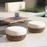 Willow 25" Round Upholstered Woven Patio Ottoman, Golden Brown Wicker Frame, Wheat Beige B2719P305701